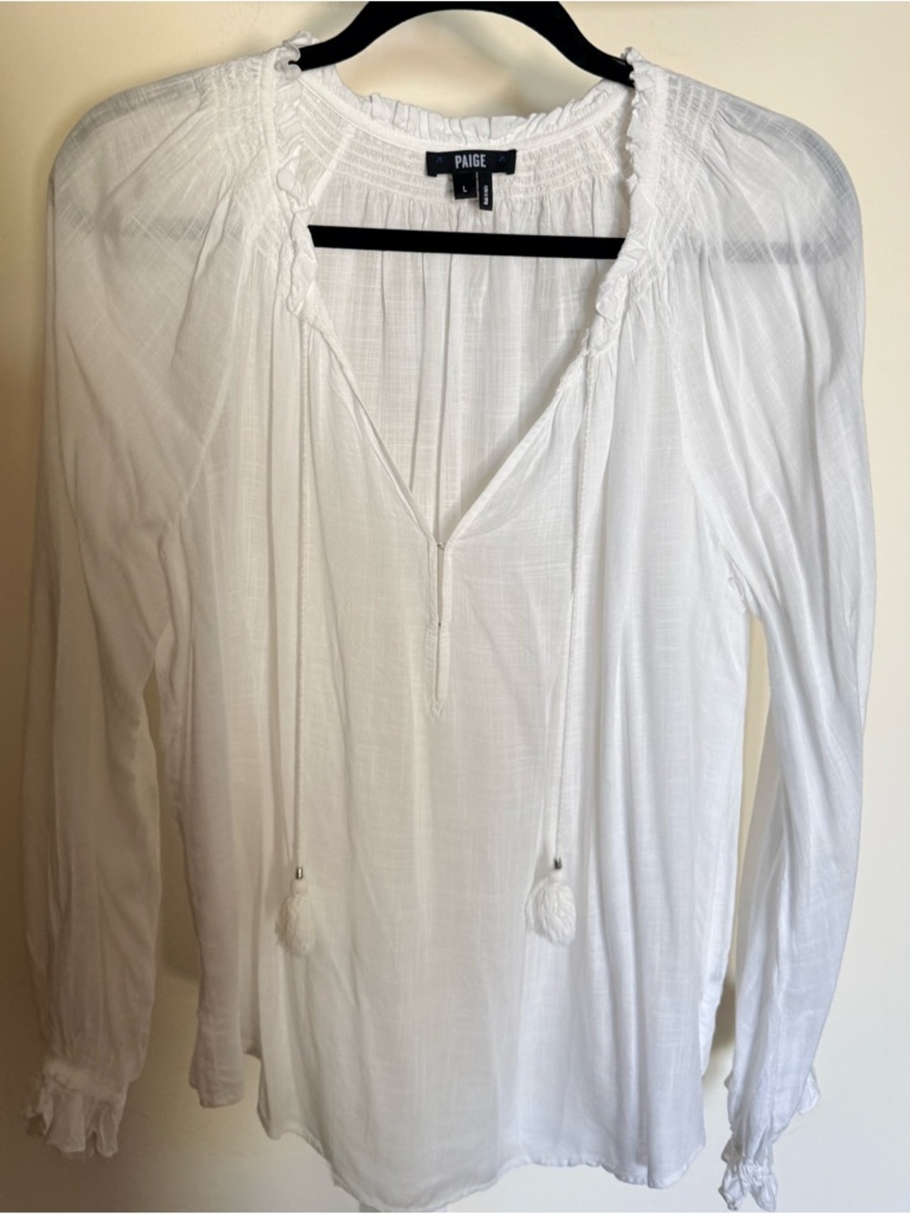 PAIGE White Gauzy Tie-Neck Peasant Blouse